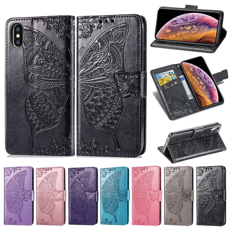 For iPhone7/8 leather case Apple 6s plus left and right mobile phone case embossed XR butterfly flower protective case