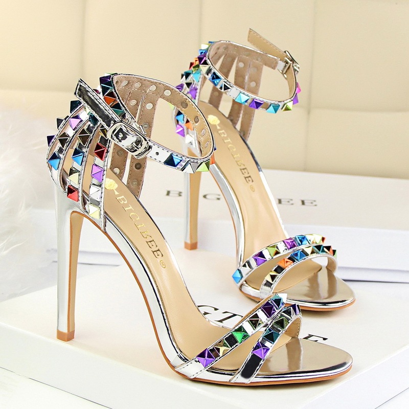267-2 European and American Style Roman Style Women's Shoes Stiletto Super High Heel Open Toe One-Word Strap Cut Out Colorfulful Rivet Sandals