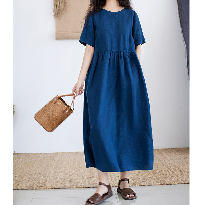2020 Summer New Cotton and Linen Women's Dress Round Neck Short Sleeve Embroidered Long Dress Artistic Travel Loose Gown