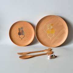 新品上架 櫸木圓盤木勺木叉組合套裝　情侶卡通貓點心盤禮品批發