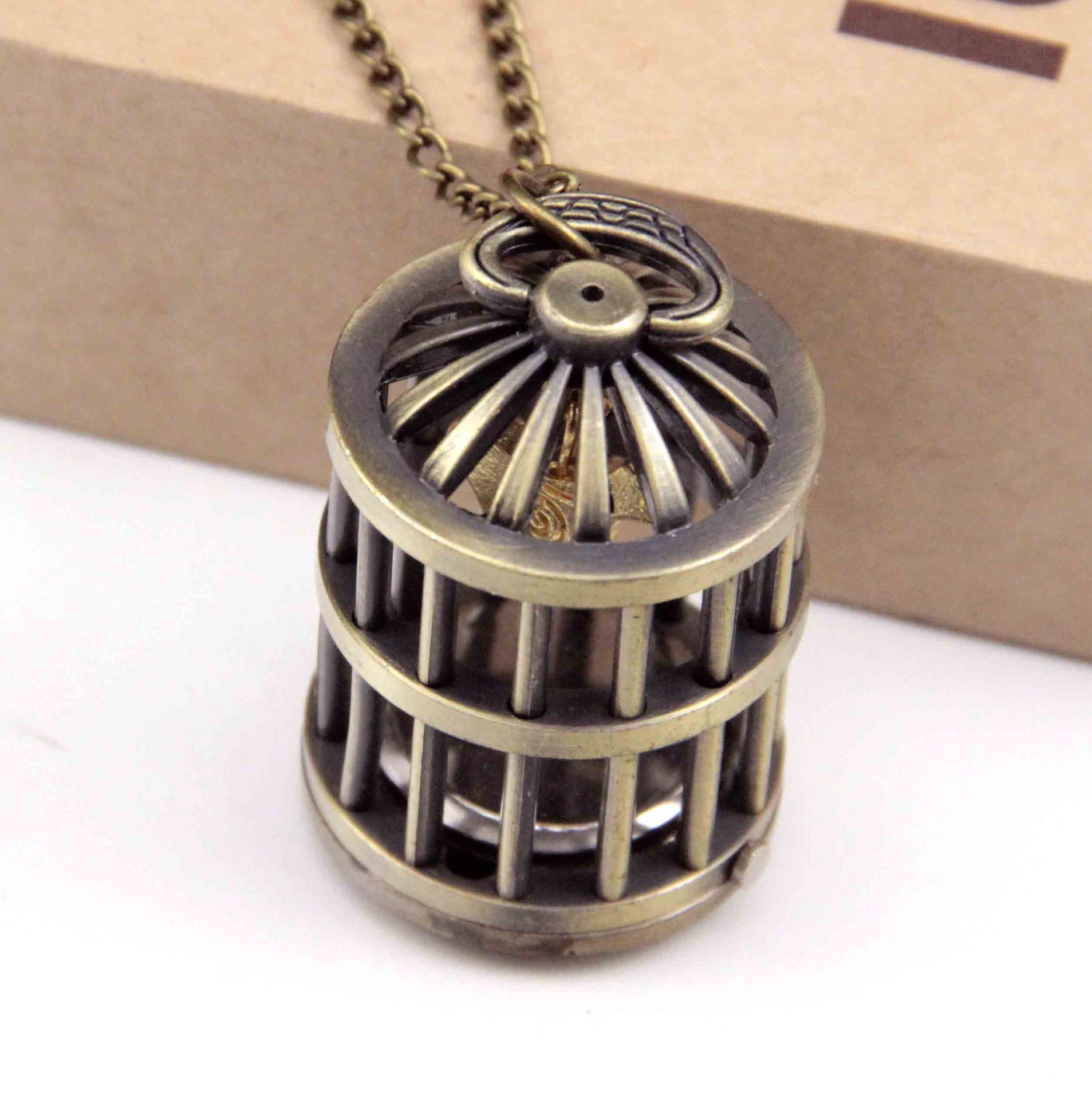 Acacia Bird Cage Pocket Watch Men Women Student Necklace Table Bird Cage Hanging Table Birdcage Pocket Watch