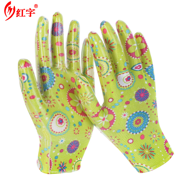 Guantes de nitrilo de impresión de nylon sumergiendo guantes de protección laboral antideslizante resistente al desgaste sitio de construcción transpirable jardinería Comercio exterior guantes de trabajo