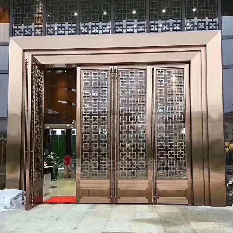 Sales Office Hotel Project Metal Rose Gold Four-Panel Stainless Steel Floor Spring Glass Door Glass Door Sliding Door Sales Office Hotel Project Metal Rose Gold Four-Panel Stainless Steel Floor Spring Glass Door Glass Door Sliding Door