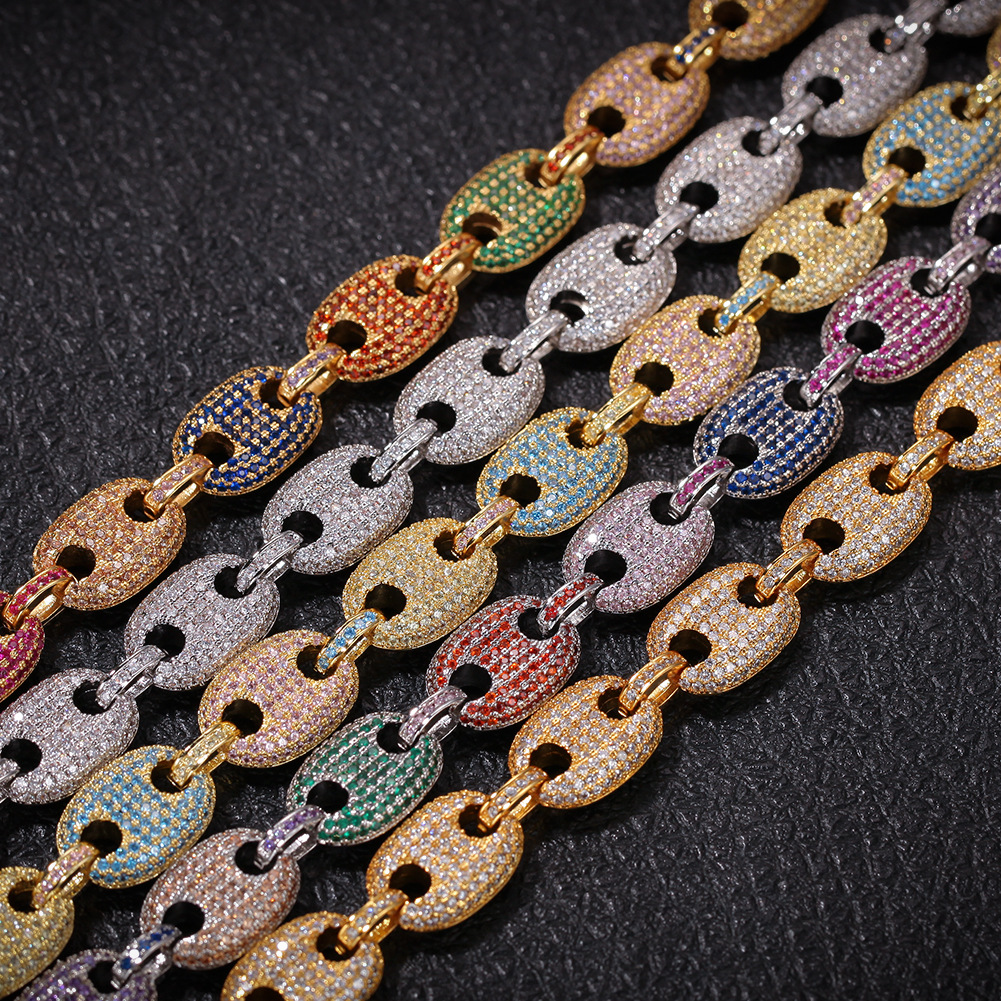 Europeo y americano nuevo hip hop collar color ZIRCON cerdo nariz cadena café grano cadena real oro galvanoplastia joyería multi-Especificación