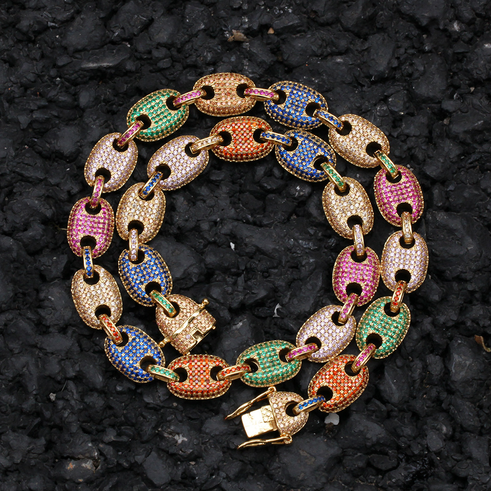 Europeo y americano nuevo hip hop collar color ZIRCON cerdo nariz cadena café grano cadena real oro galvanoplastia joyería multi-Especificación