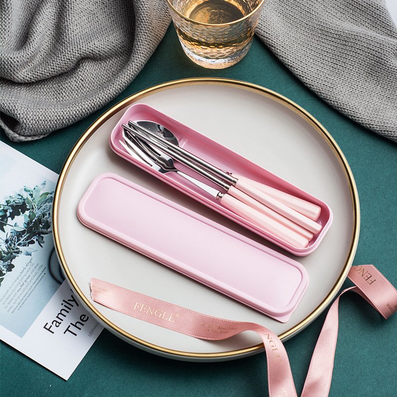 Ceramic stainless steel tableware suit with tableware box student tableware children's household fork spoon chopsticks three-piece set wholesale