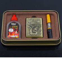 青铜复古  个性复古金属防风中国风盘龙浮雕打火机 烟嘴+铁盒套装