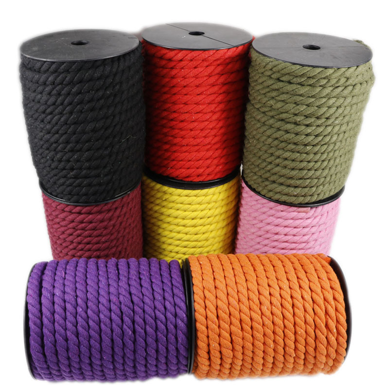 供应10mm彩色三股棉绳三股扭绳背包手工编织绳礼品盒手提绳