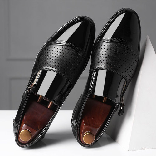 Four seasons new men's business leather shoes slip-on sandals hollow single-layer shoes breathable wedding shoes
