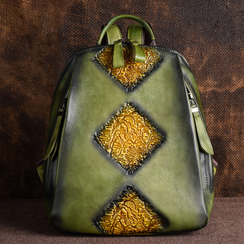 Mochila de mujer de cuero genuino curtido vegetal, multifuncional, de gran capacidad, con múltiples bolsillos, repujada, con tratamiento de color vintage, para exportación transfronteriza.
