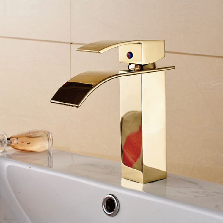 Factory direct quartet waterfall Basin hot and cold faucet bathroom titanium gold faucet large discount wholesale