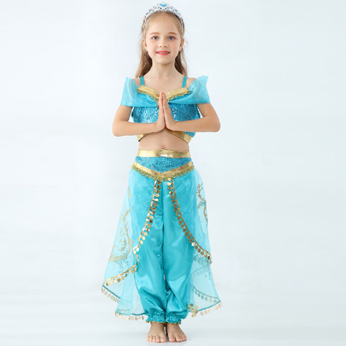 Aladdin Costume for Girls, Dance Jasmine Princess Costume COS Play Suit for Western and Children's Christmas Two-Piece Set Cross-Border