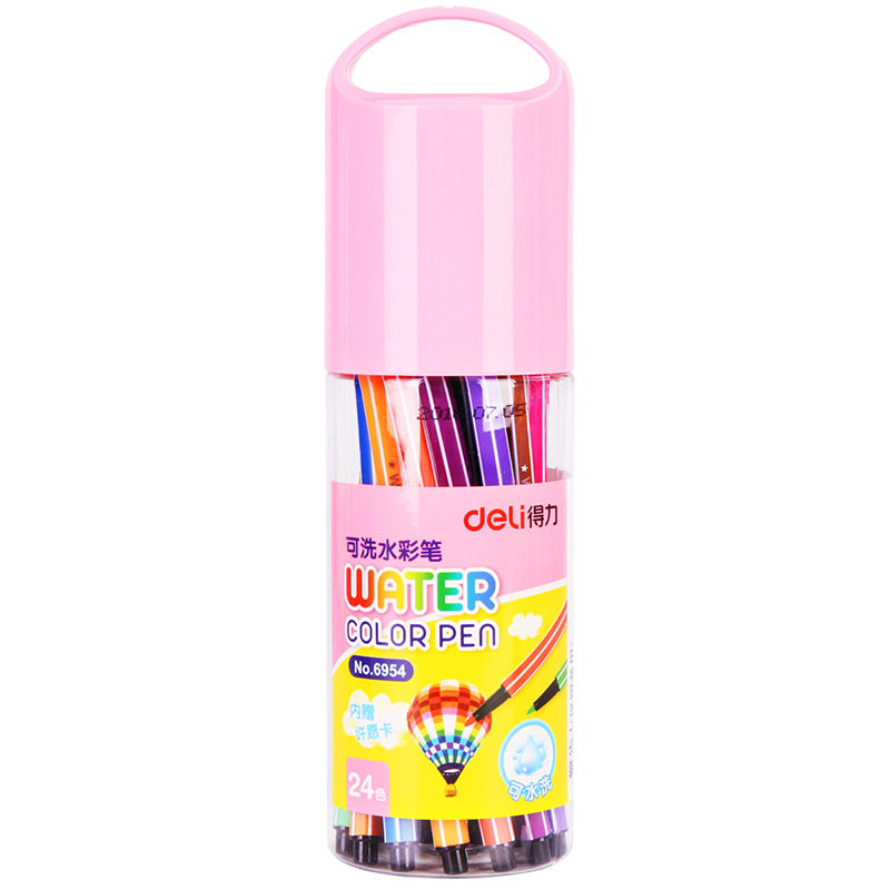 Deli 6954 pluma de acuarela lavable estudiante de escuela primaria pintura arte 24-color deseando botella barril con tarjeta de deseo adicional