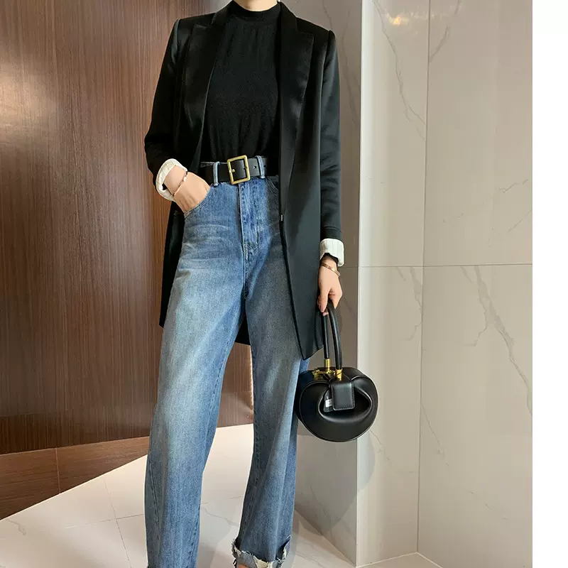 设计感气质小西服进口面料黑色显瘦小西装修身中长秋款外套女优雅