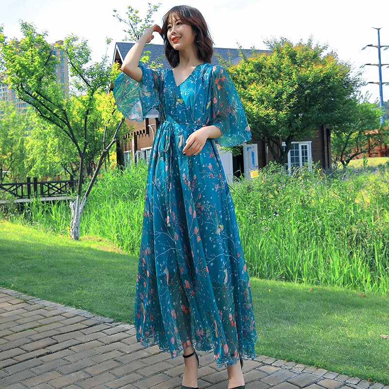 2023 spring and summer new women's V-neck long dress chiffon skirt printed beach dress bohemian holiday skirt for women 2023 spring and summer new women's V-neck long dress chiffon skirt printed beach dress bohemian holiday skirt for women