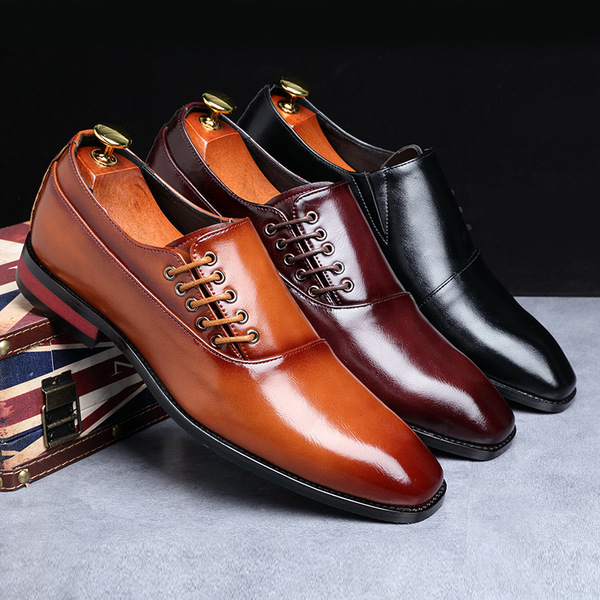Men's business dress leather shoes, British pointed Derby shoes, casual lace up men's shoes, breathable groom's wedding