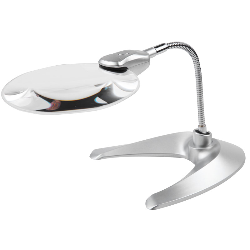 130mm大镜面维修阅读带LED灯高清台式放大镜月牙形底座金属软管