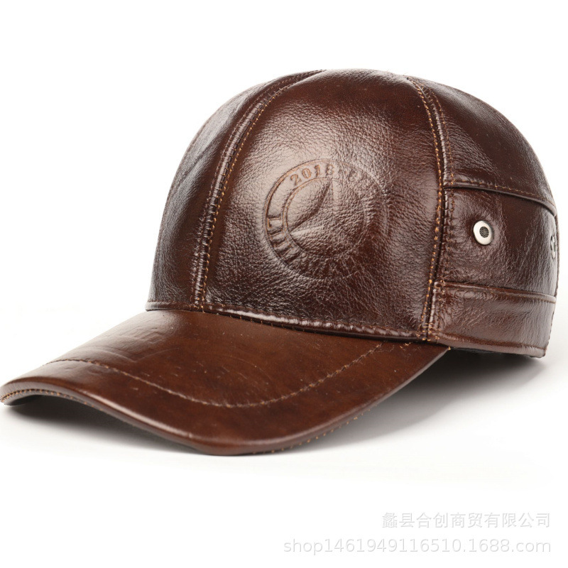 Korean Style Leather Hat Men's Autumn and Winter Warm Cowhide Hat for Middle-aged and Elderly Outdoor Leather Baseball Cap with Cotton Belt Ear Protection