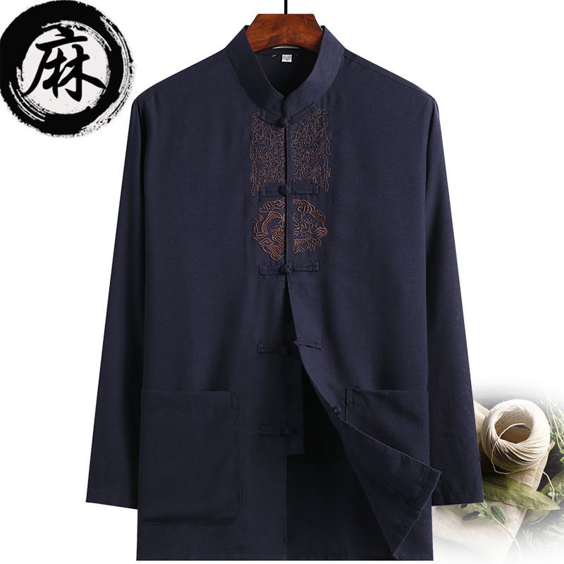 Men's long-sleeved Tang suit, summer top, Chinese style stand-up collar cotton and linen clothing, Chinese style lay Buddhist attire, Hanfu (traditional Han Chinese clothing) for middle-aged and elderly people