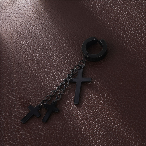 European and American personalized titanium steel three cross earrings ear clip chain tassel earrings jewelry accessories factory direct sales