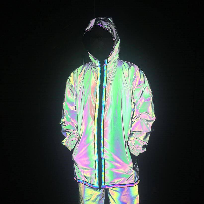 Amazon transfronteriza Moda media-longitud colorida gabardina reflectante frente corto espalda larga cremallera chaqueta colorida capa reflectante image 5