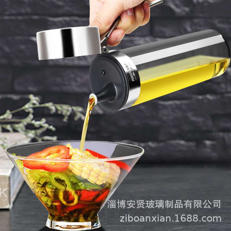 Botella de aceite de vidrio para el hogar, recipiente de aceite con tapa de acero inoxidable para cocina, tanque de aceite, recipiente para salsa de soja y vinagre, caja de condimentos a prueba de fugas, tarro de condimentos, recipiente para aceite