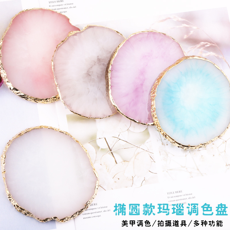 Paleta de manicura ágata piedra oro borde redondo grieta decoraciones display versión pintado mármol oval resina