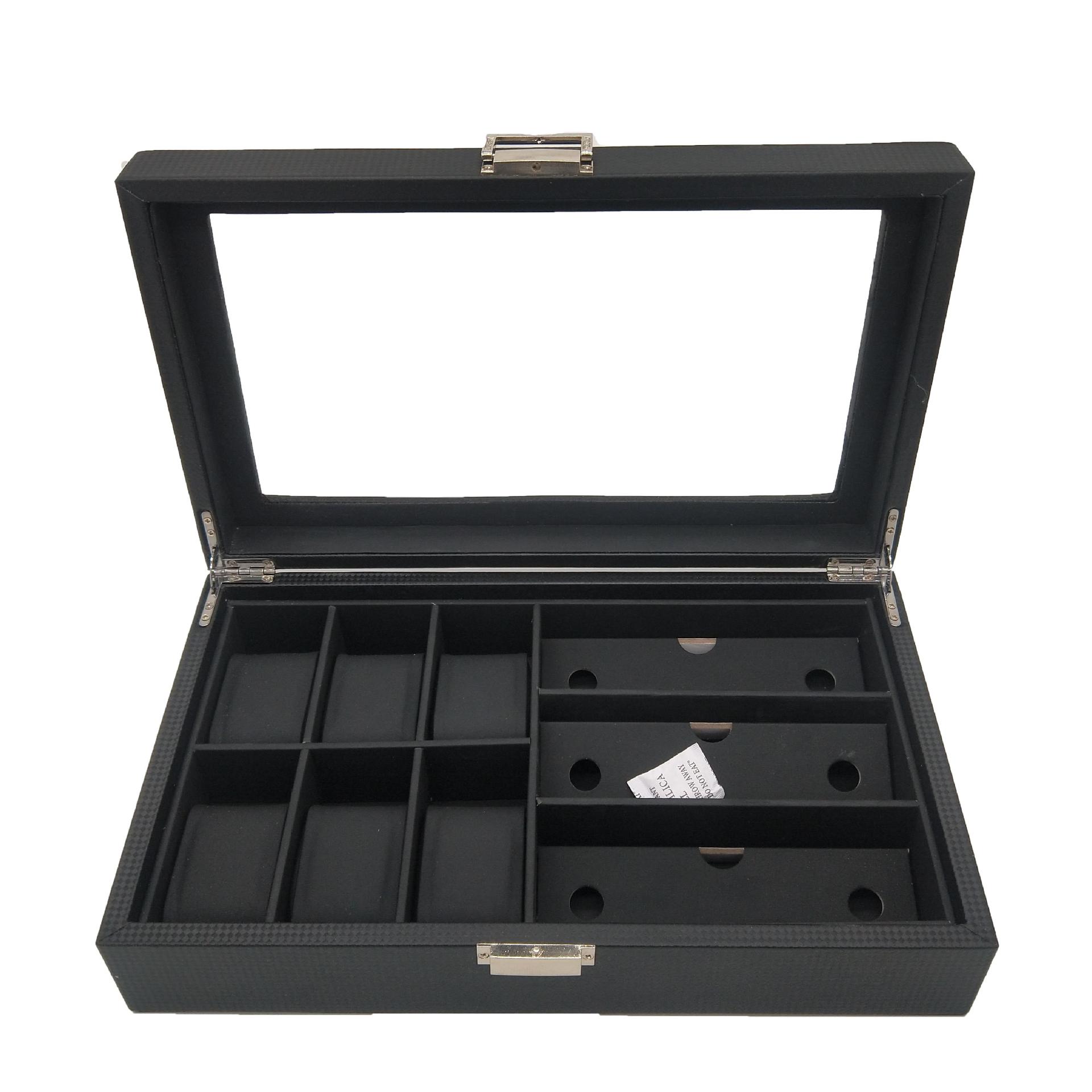 厂家批发纤维PU皮质手表盒黑色皮质6+3手表盒眼镜盒首饰收纳盒