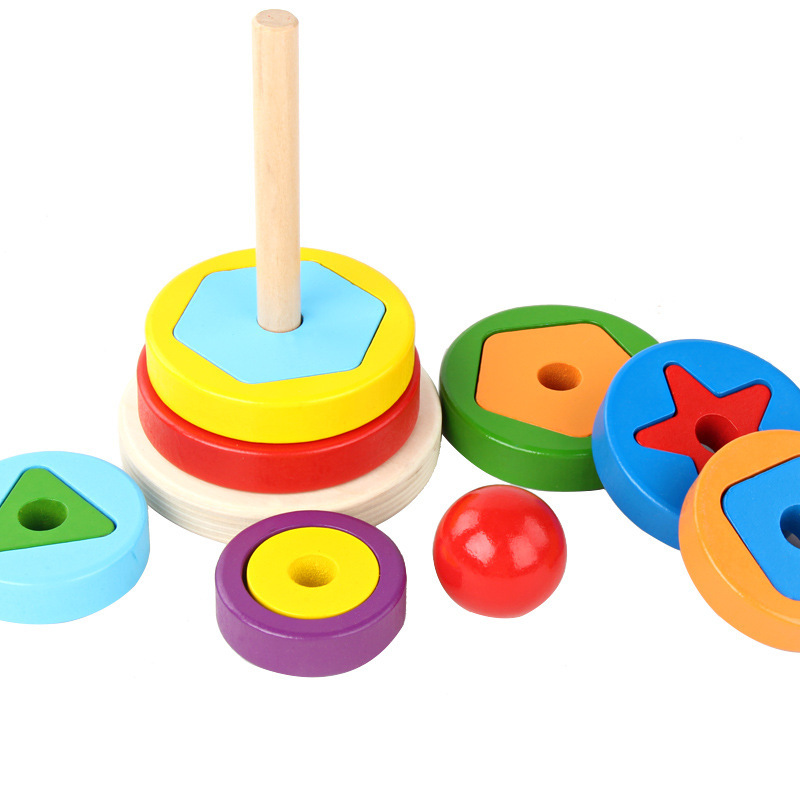 Fabricante directo para niños de madera Hanuo Tower arcoíris pliegue collar de música emparejamiento de bloques de color juguetes cognitivos