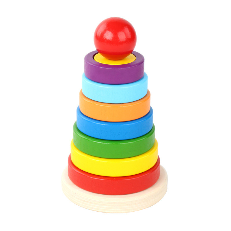 Fabricante directo para niños de madera Hanuo Tower arcoíris pliegue collar de música emparejamiento de bloques de color juguetes cognitivos