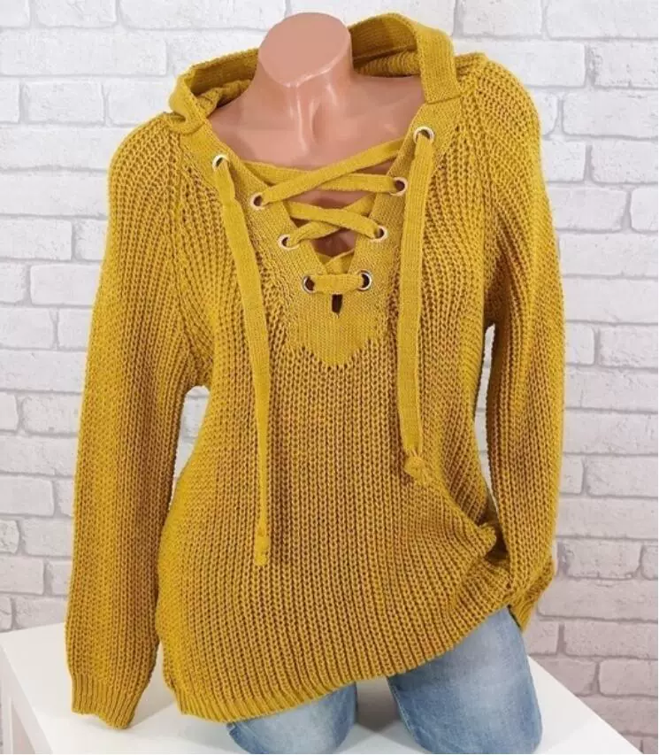 Demi-Season Knit Sweater (Women) Lace-Up V-Neck Hooded, Chunky Knit European Style
