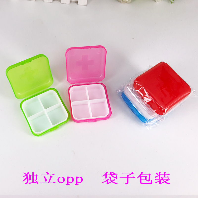 Cross Pill Box, 4-Compartment Plastic Small Pill Box, Square Portable Pill Storage Box, Four-Compartment Pill Box, Wholesale in Stock