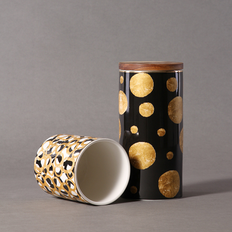 Estilo nórdico simple tapa de madera de cerámica hoja de café snack granos de caramelo caja de almacenamiento frasco sellado al por mayor