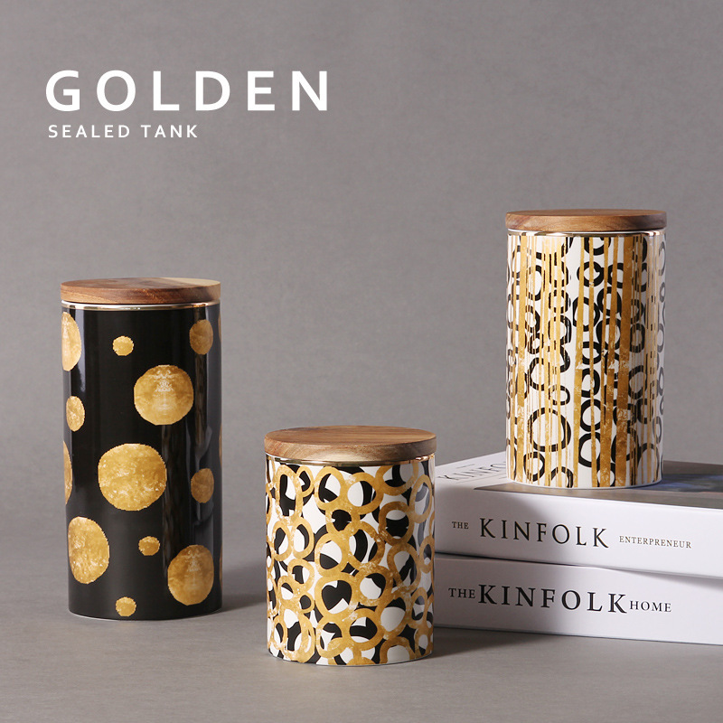 Estilo nórdico simple tapa de madera de cerámica hoja de café snack granos de caramelo caja de almacenamiento frasco sellado al por mayor