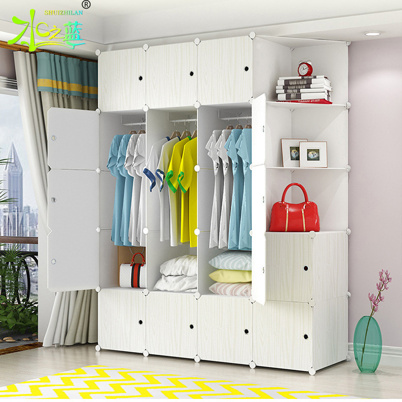 Armario individual de tela con acabado de imitación a madera, montaje simple, con colgador, para dormitorio o alquiler, conjunto para hogar