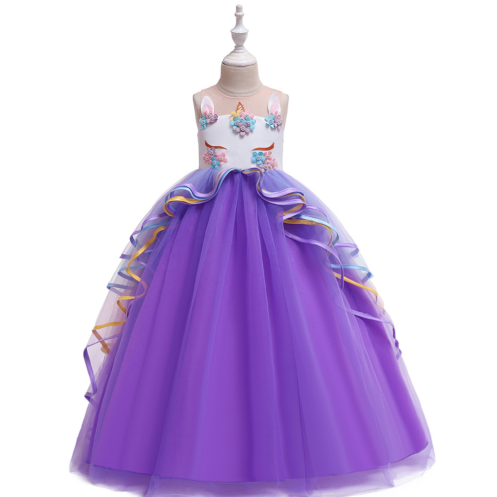 Long Dress for Older Children, Colorful Mesh Cake Tutu Skirt, Unicorn Princess Dress, Holiday Party Performance Dress