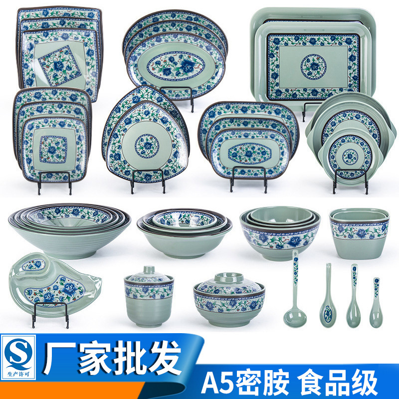 A5 melamine tableware set hotel restaurant yuan blue and white plate square beef ramen bowl Soup Bowl Spoon