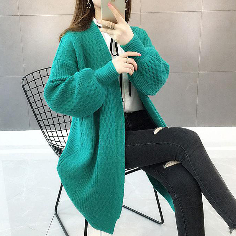 2026 Spring and Autumn New Style Loose V-Neck Lantern Sleeve Mid-Length Sweater Cardigan Solid Color Knitted Sweater Women's Jacket
