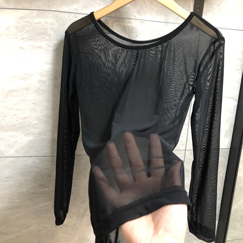 Summer Ultra-thin Meat Color Base Shirt Black Perspective Mesh Top Skin Color Dance Base Shirt Invisible Inner Shirt