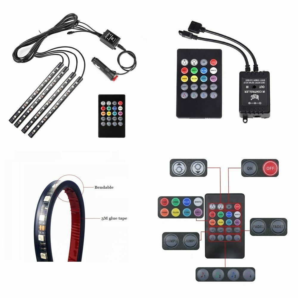 Coche LED lámpara de gas 12 luces colorido controlado por voz fregona cuatro 48SMD música con control remoto USB única atmósfera lámpara RGB