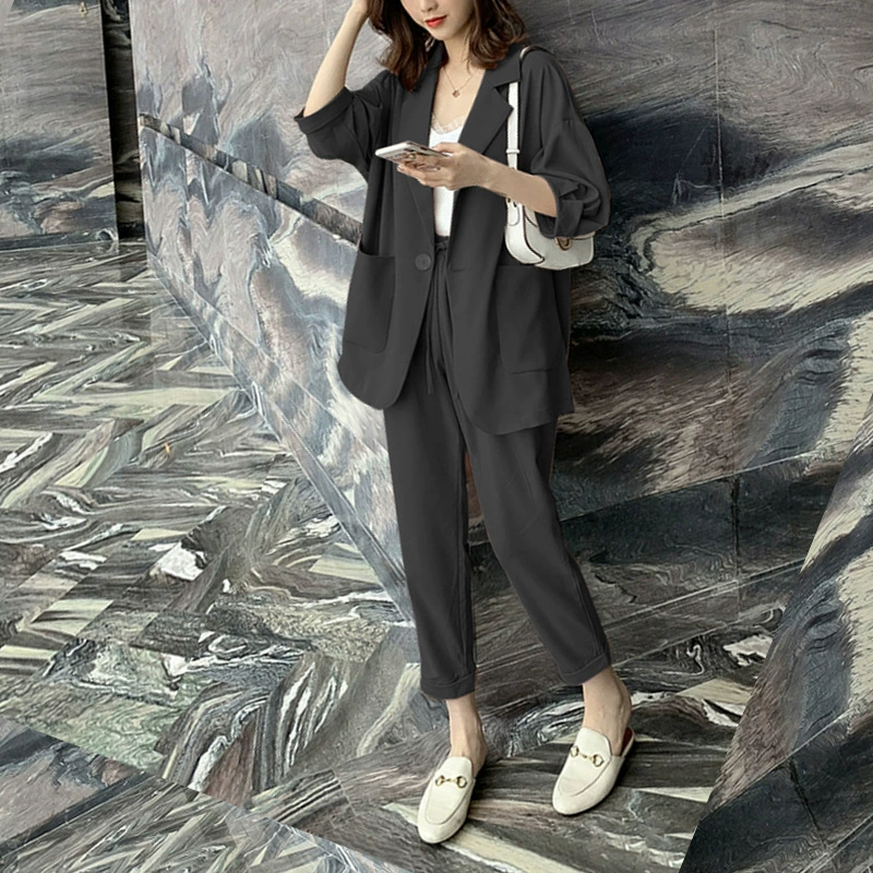 Модный повседневный костюм жирный мм пальто большого размера женские брюки OL тонкий костюм из двух частей летом 1905