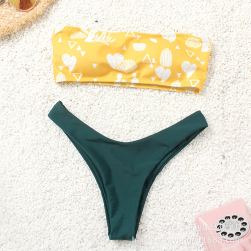 Cross-border new style swimsuit printed cactus multi-color sexy halter one-piece swimsuit women's European and American bikini set 