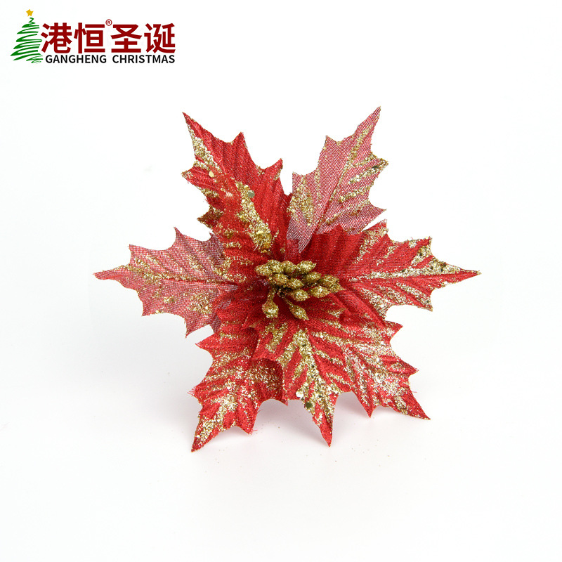 Flor navideña de doble capa con borde dorado simulado, accesorios para corona de árbol de Navidad, decoración navideña para bodas, colgante decorativo floral