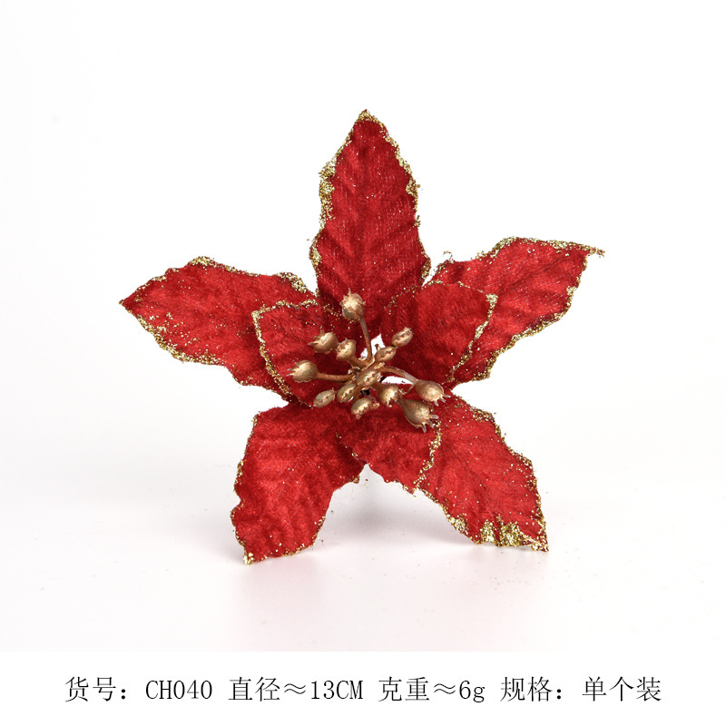 Flor navideña de doble capa con borde dorado simulado, accesorios para corona de árbol de Navidad, decoración navideña para bodas, colgante decorativo floral