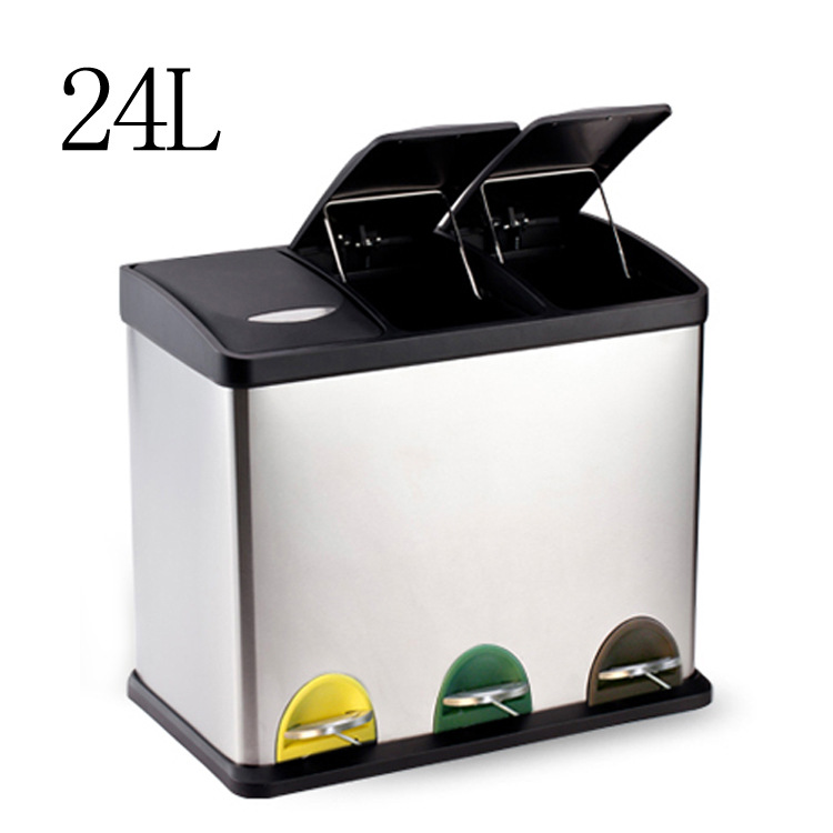 24L三筒家庭小区分类脚踏户外酒店不锈钢垃圾桶北京环卫桶