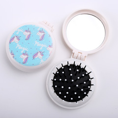 兒童可愛卡通小飛馬帶鏡子摺疊梳圓形便攜化妝鏡梳子氣墊按摩梳子