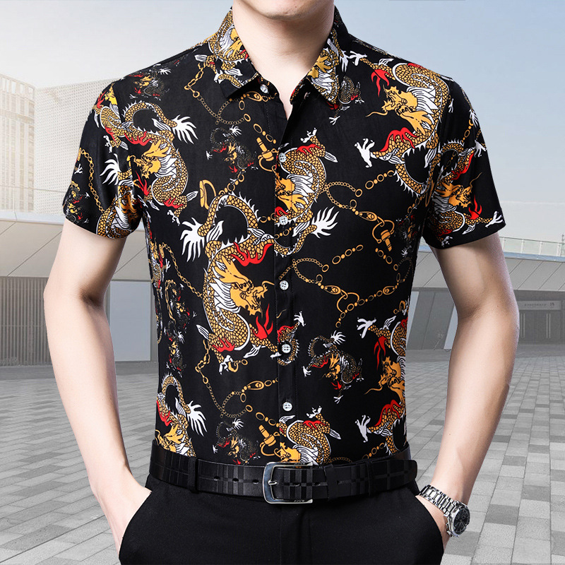 Beach Short-Sleeved Men's Floral Shirt for Middle-Aged and Elderly People, Summer Dragon Print Shirt, Export Men's Casual Top