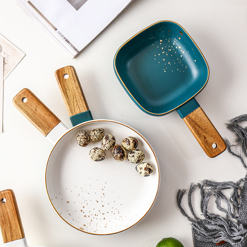 Meichen Da Ceramic Tableware Acacia Wood Handle Plate Steak Plate Rice Bowl Soup Bowl Noodle Bowl Set Round Breakfast Set