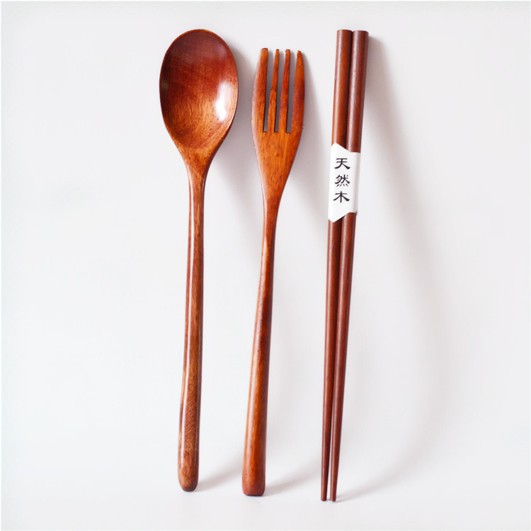 特批 日式长柄勺叉筷三件套  22.5CM楠木勺叉筷组合餐具