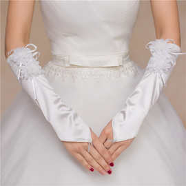 新娘手套白色中长缎面婚纱手套女士长无指双菊花结婚拍照勾指袖套